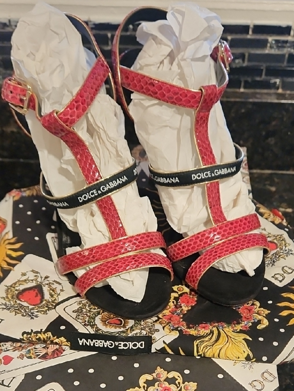 Dolce & Gabbana Fuchsia Snakeskin Strap Heels with Branded Black Band